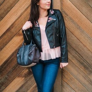 H&M Cropped Faux Leather Jacket w/ floral detail